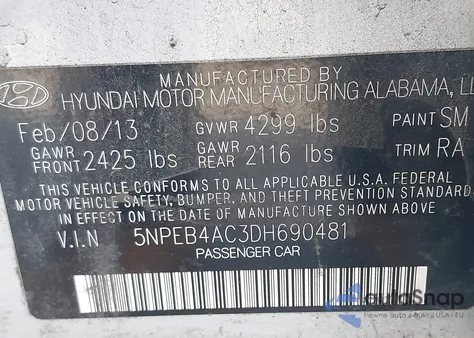 2013 Hyundai Sonata Gls z USA, uszkodzony, nr VIN 5NPEB4AC3DH690481